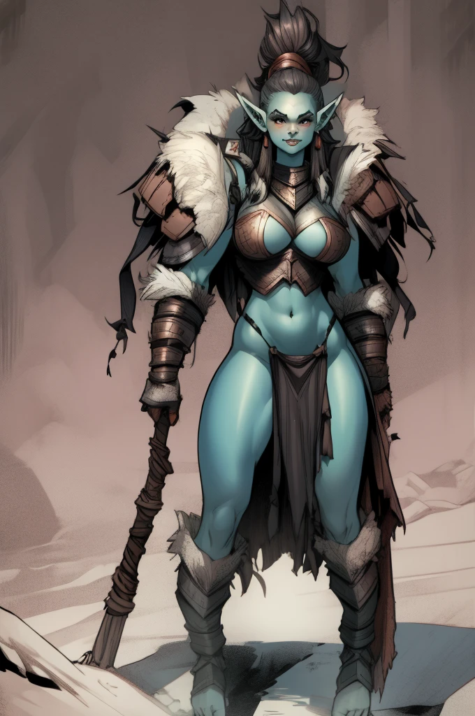 Sexy female orc, standing alone, standing alone, (standing alone)(standing alone) wearing fur armor, busty, curved