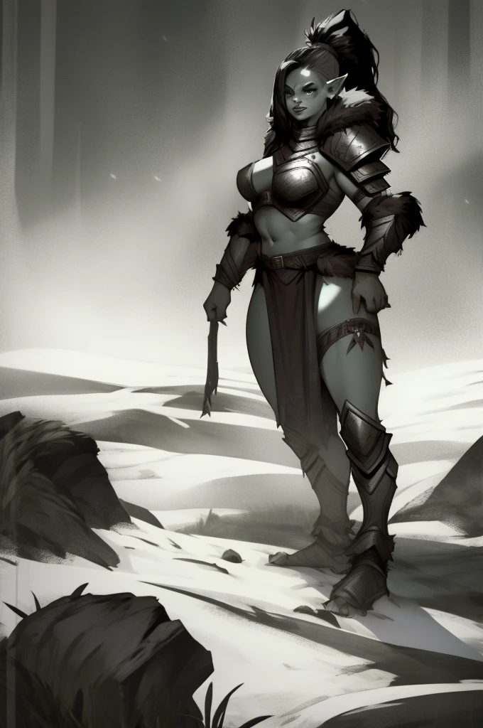 Sexy female orc, standing alone, standing alone, (standing alone)(standing alone) wearing fur armor, busty, curved