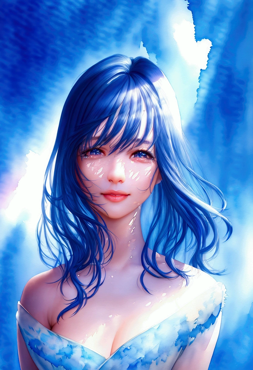 a beautiful 18 year old high school girl, with navy blue hair, in a fantasy blue world, smiling through tears, with blue butterflies flying around, (((watercolor painting style))), (best quality,4k,8k,highres,masterpiece:1.2),ultra-detailed,(realistic,photorealistic,photo-realistic:1.37),extremely detailed face and eyes,beautiful detailed lips,longeyelashes,soft focus,bokeh,vivid colors,professional digital art
