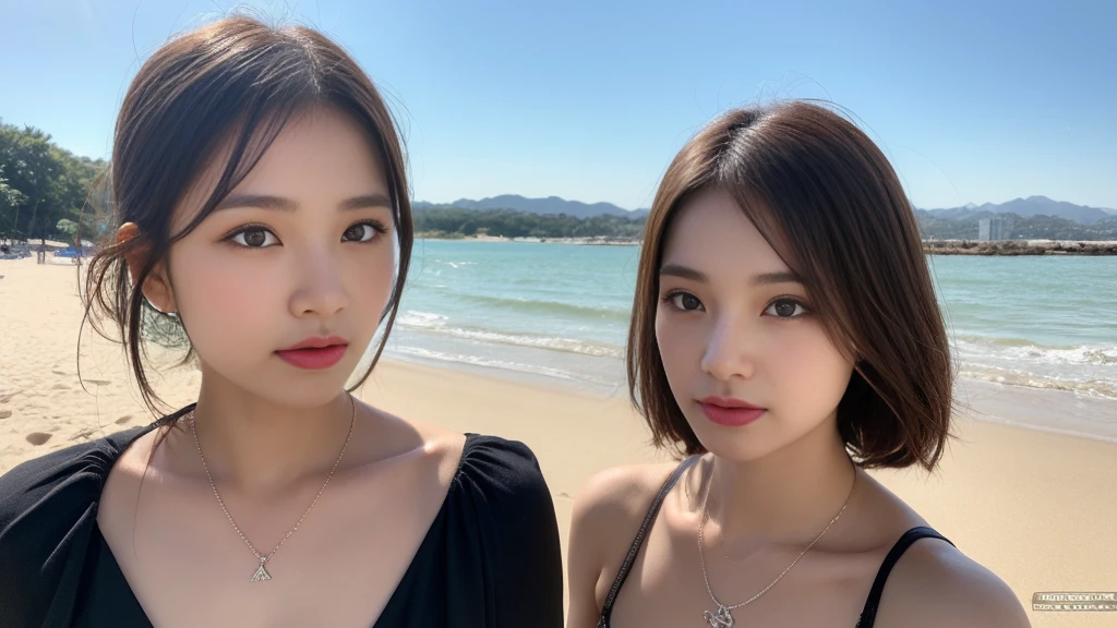 ((Photorealistic lighting, highest quality, 8k, masterpiece:1.3)), sharp focus:1.2, viewer discretion advised (New South Wales) (New South Wales) (New South Wales):1.2, ((realistic)), ((genuine light, highest quality)), model physique:1.4, (dark brown hair, chest out:1.2), short hair, single woman, low angle view, setting, (25 years old:1.3), very detailed face, detailed eyes, double eyelids, necklace, wristband, eyeliner, colorful bikini, a situation that makes men’s hearts race, (large), (black dress), (seaside, beach, sandy shore)
