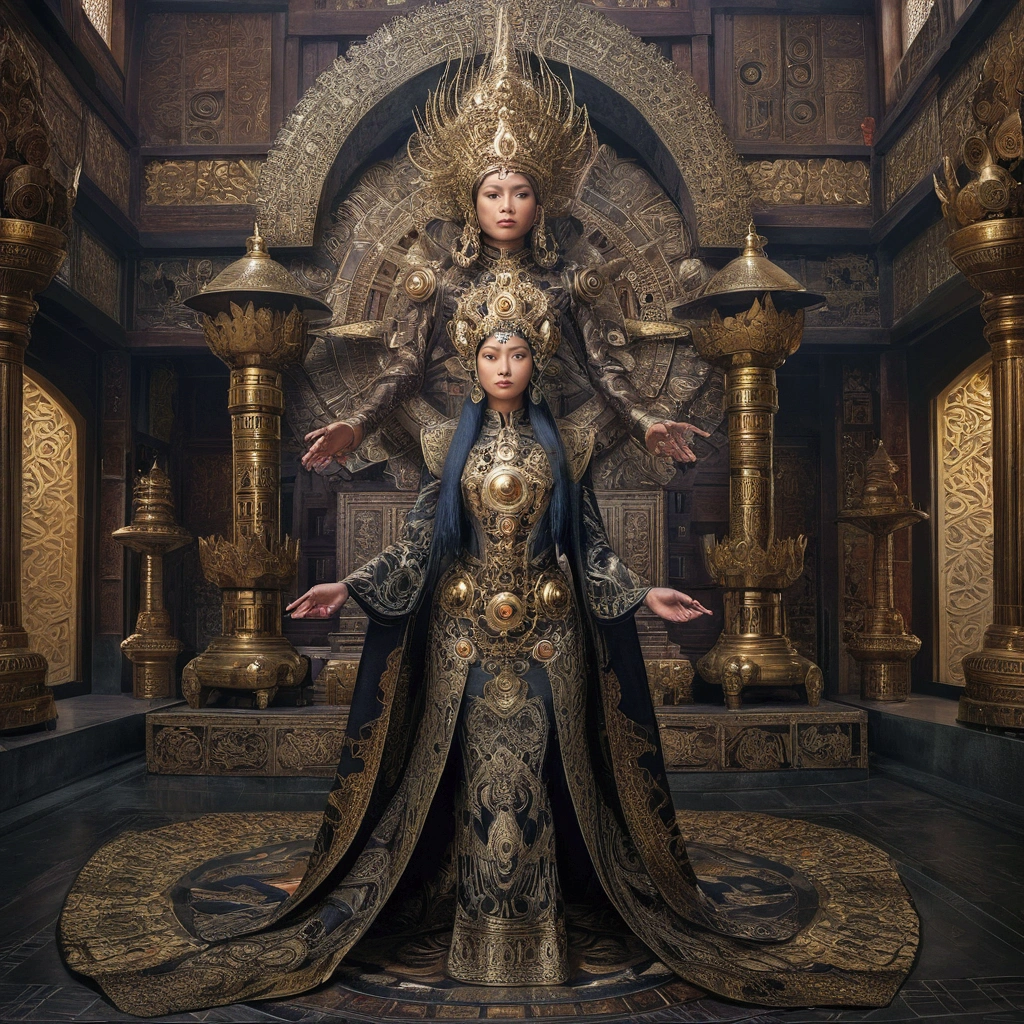 full body portrait ornate dark fantasy deep dream steam punk extremely beautiful Indonesian sundanese goddes of time in an indonesian temple by artgerm wlop alex grey hans memling taken with fuji xt5