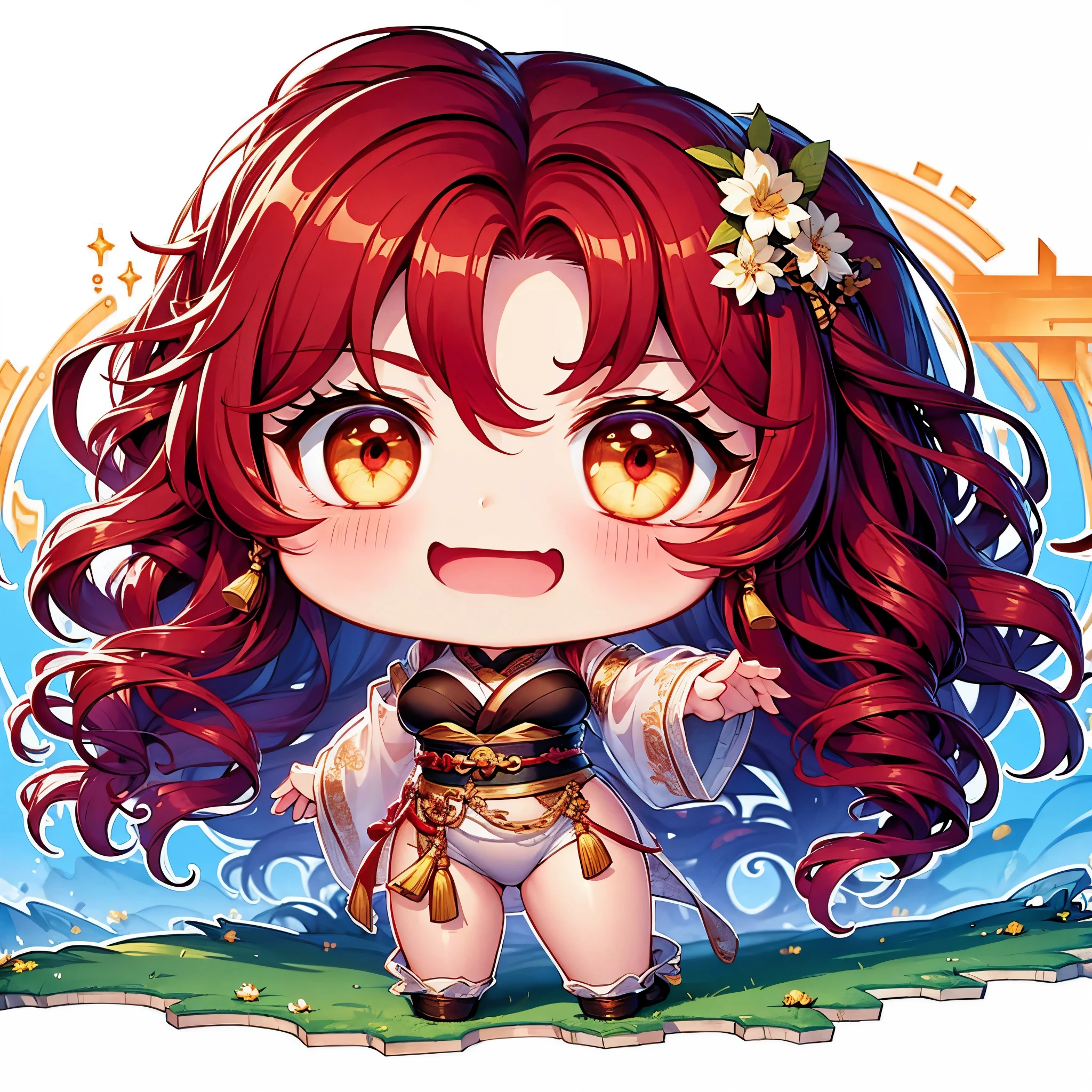 Chibi character pixel art, ((xian mei)), 1 girl, long red hair, standing, Chibi style, shapely breasts, high quality pixel art, Gege Akutami, photography, beautiful, colorful, realistic, masterpieces, top quality, best quality, official art, beautiful and aesthetic, hanfu, perfect anatomy, mini solo chibi, happy smile, big smile, happy,