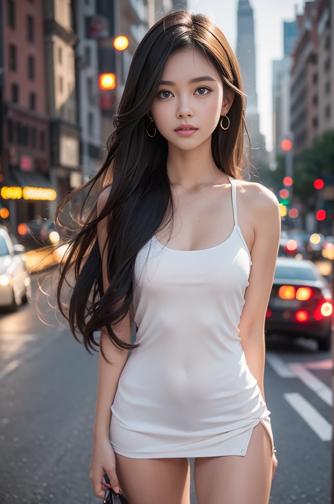 (best quality, 4k, Masterpiece, ultra detailed, Photorealistic, RAW quality), 1 Girl, (Multiple models), (beautiful face, the most beautiful, clean, natural), (very big eyes, beautiful, symmetrical, great sharpness ), hair loose in layers, (slim, perfect body, perfect legs well-shaped, shaved), (dress with titantes, sensillo, fine, golden threads), Outdoors, asphalt road, illuminated from below, clarity, sharpness, beautiful,