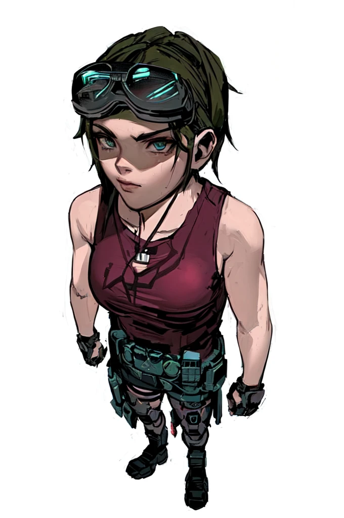 a cartoon of a girl with goggles and a red shirt, female lead character, shadowrun character art, a character based on a haggis, video game character, detailed character art, rpg character, videogame character, video game character design, full body character, full body character portrait, female protagonist, game character, highly detailed character design