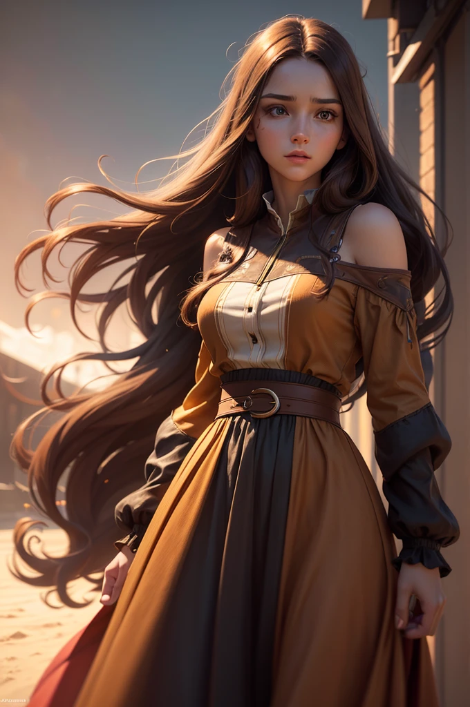 a beautiful young woman with long brown hair, beautiful colorful modern dress, masterfully detailed face, cinematic lighting, highly detailed, hyper realistic, octane render, muted color palette, dramatic chiaroscuro lighting