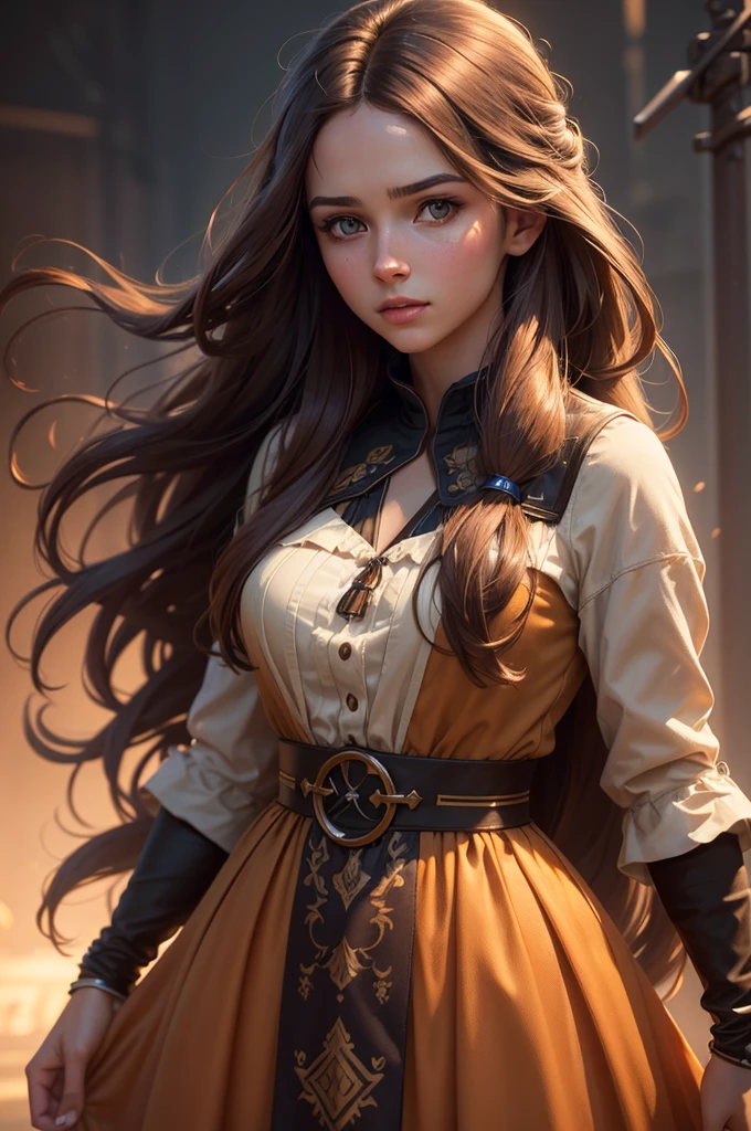 a beautiful young woman with long brown hair, beautiful colorful modern dress, masterfully detailed face, cinematic lighting, highly detailed, hyper realistic, octane render, muted color palette, dramatic chiaroscuro lighting