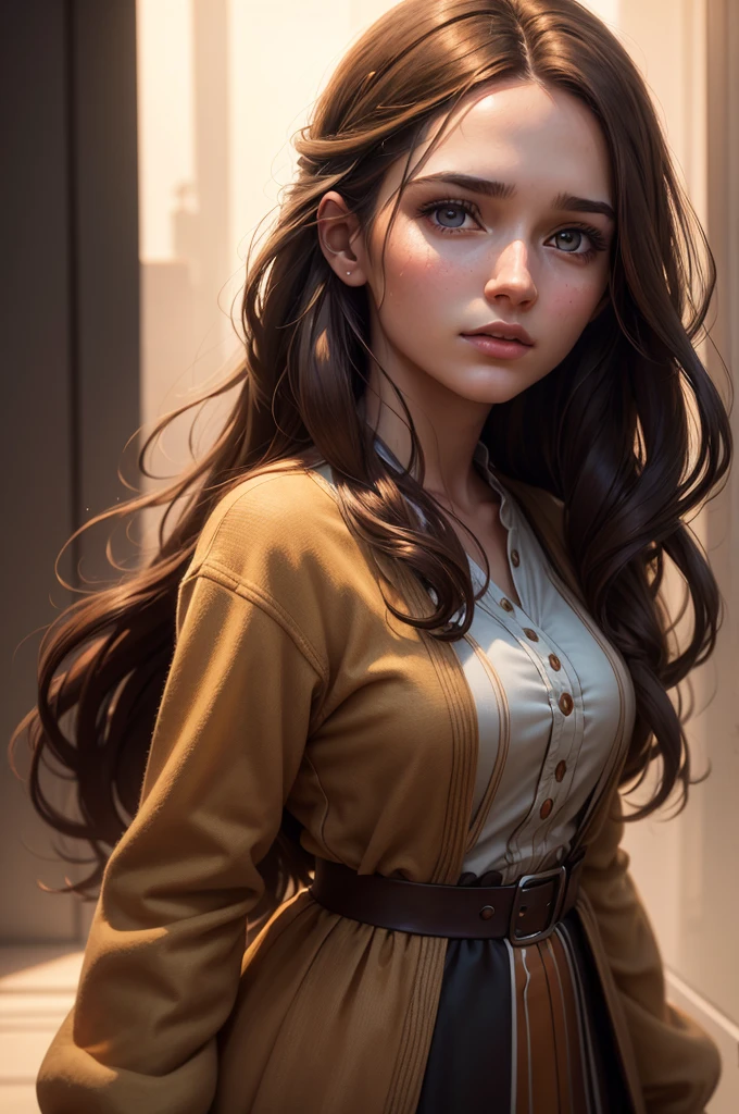 a beautiful young woman with long brown hair, beautiful colorful modern dress, masterfully detailed face, cinematic lighting, highly detailed, hyper realistic, octane render, muted color palette, dramatic chiaroscuro lighting