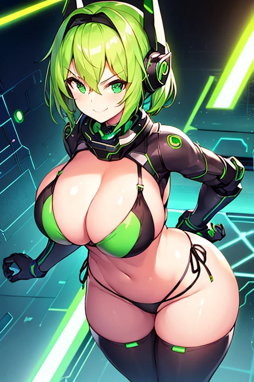 1girl, large breasts, breasts, wide hips, green hair, highleg bikini, bikini, black bikini, smirk, smile, futuristic, science-fiction, tech, neon trim, machinery, short hair, headset, helmet, head-mounted device, mind control, hypnosis, covered eyes, from above, cleavage, vr visor, vr visors, pantyhose