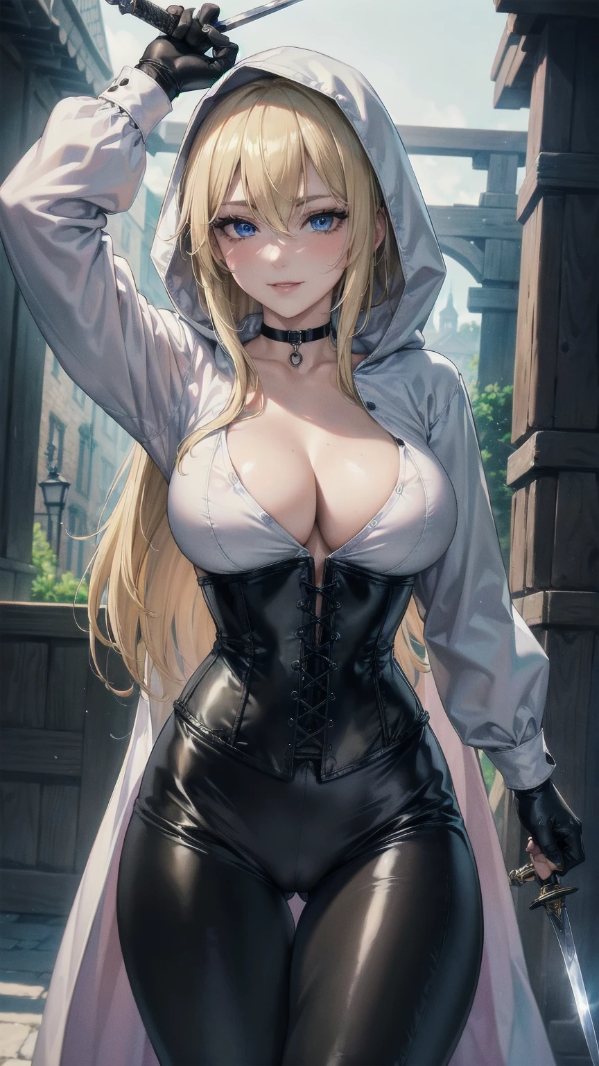 Masterpiece, Superior image quality, high resolution, 4k image,photo and gross, photorealistic, whole body, ung blonde of 15 years, walking, hooded, gray tunic, tunic covering his body, {{{vagina}}}, big breasts, beautiful face, Long blonde hair, blue eyes, very detailed eyes, pink cheeks, seductive expression, SMILE,, choker:1.6, (white collar button down long sleeve shirt), black gloves, gloves that cover hands, (wields a sword in his right hand), (black leather corset), (shiny black leggings), Sensual Lips, show details in the eyes, View from the front, looking at the viewer, walked in a medieval village, at daytime