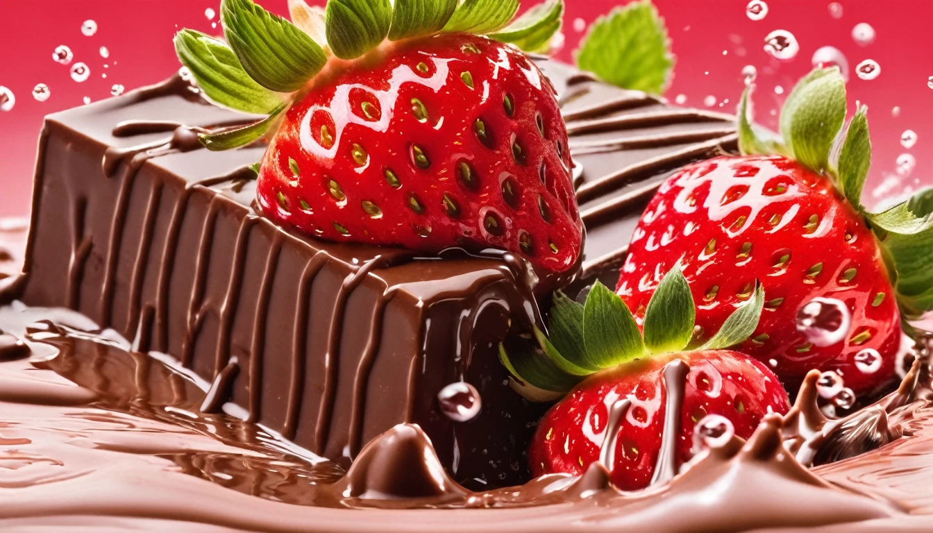 a picture of strawberries splashing into chocolate like in a commercial