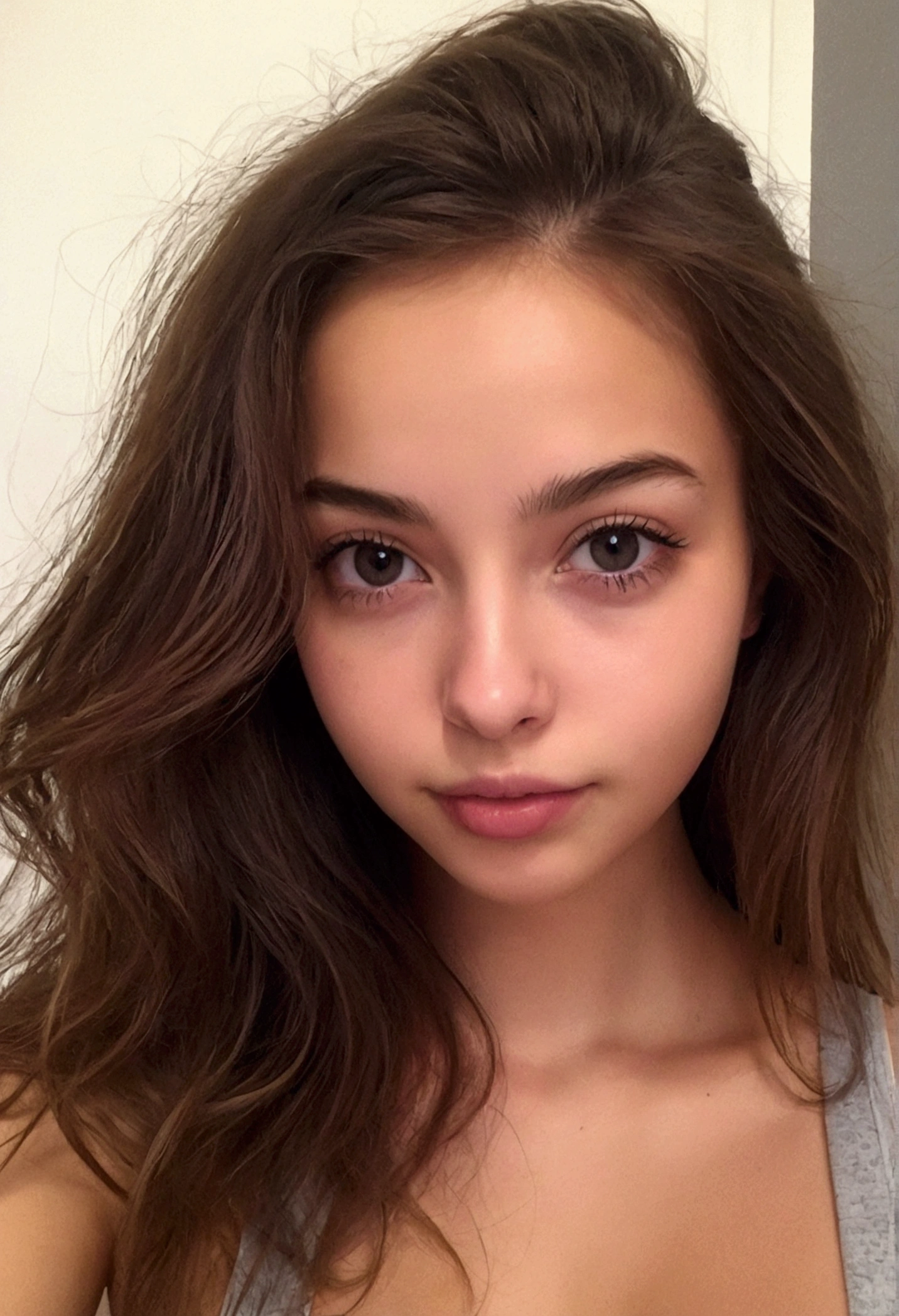 arafed, femme, sans vetement, fille sexy aux yeux marrons, grand , portrait sophie mudd, cheveux bruns et grands yeux, selfie d&#39;une jeune femme, yeux de la chambre, violette myers, sans maquillage, maquillage naturel, regarder directement la caméra, ferme ta bouche, a l&#39;air séduisant, visage avec artgram, maquillage subtil, superbe photo de tout le corps, dans la chambre, clivage, nu, gros seins