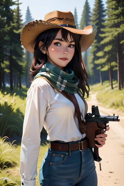 Highest quality　High resolution　Western Wilderness　Cute girl in gunfighter clothes　Ten-gallon hat　Revolver pistols　jeans　gun belt　A scarf is wrapped around the neck　The background is the wilderness:1.8