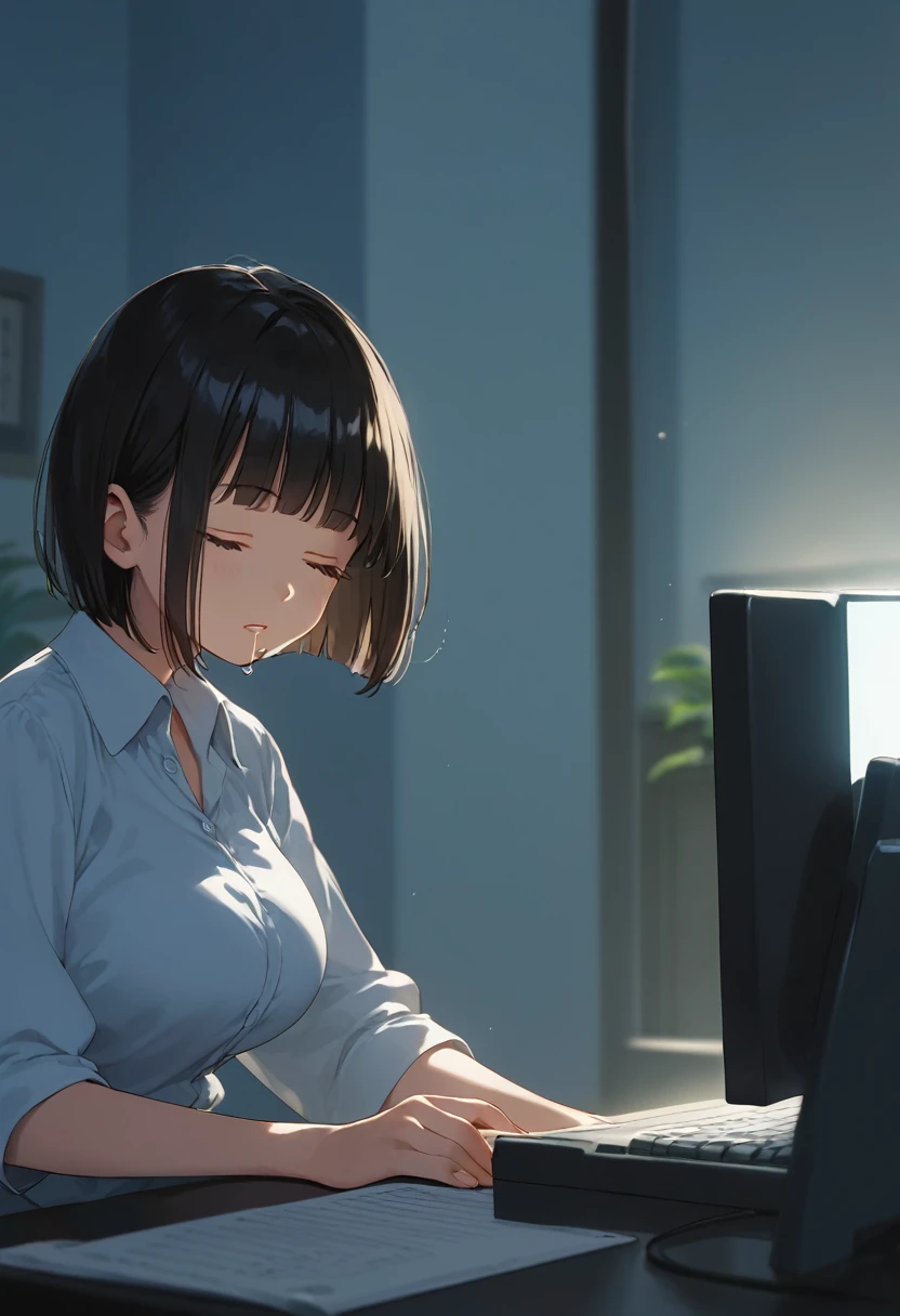 score_9,score_8_up,score_7_up,masterpiece,best quality, source anime, official art, super detailed, extreme detailed, rating_safe,
1girl, sitting on chair, (tilt head:1.4), typing on the keyboard, sleeping, Falling asleep while working overtime,
BREAK girl, 22yo, short hair, bob cut, (blunt bangs), black hair, (tareme, detailed cute brown eyes), curled eyelashes, (large breasts:0.9),
shiny hair, beautiful detailed eyes, beautiful face,
white collared shirt, black tight mini skirt,
(closed eyes:1.2), parted lips, drooling,
office, night, dark room, dark background, dim light, computer, screen,