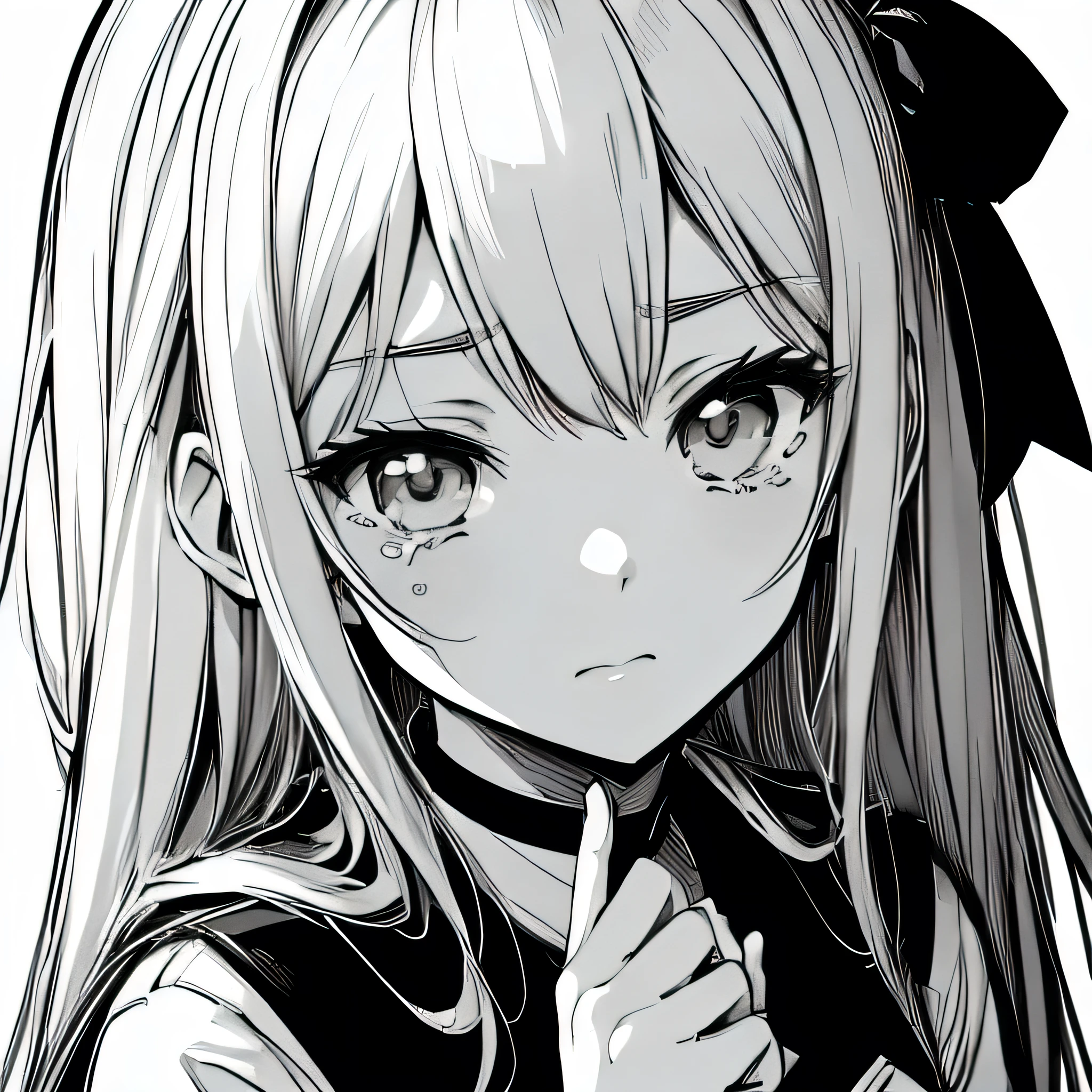 (((simple manga drawing))), black and white, 1girl, serafuku, sad expression, tears in eye, (transparent background), aerith gainsborough, long shot, full image, full body, making peace hand sign next to eyes