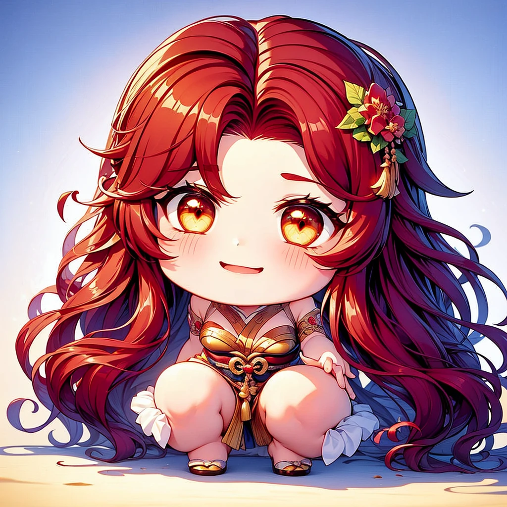 Chibi character pixel art, ((xian mei)), 1 girl, long red hair, standing, Chibi style, shapely breasts, high quality pixel art, Gege Akutami, photography, beautiful, colorful, realistic, masterpieces, top quality, best quality, official art, beautiful and aesthetic, hanfu, perfect anatomy, mini solo chibi, happy smile, big smile, happy, 