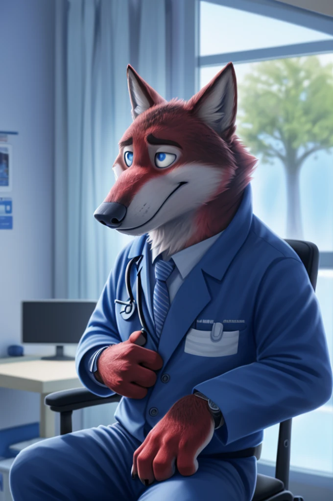 Joachim Wolfbach (Zootopia),tall handsome, wolf,young, 24 years, brown fur,(red body:1.3),Blue eyes, Moscow Dressed, red headdress,in a white medical gown,shirt pants,shoes,tie,black pantsblue, stethoscope, pediatrician,canine, wolf, detailed fur, Male, antro, paw pads, finger claws,Prays, at viewer, 5 fingers, paws, 5 fingers, smile, happy, resting, wrist watch,stethoscope,looks at the monitors, т nextel, sitting at home in the medical intensive care unit,by xenoforge, (difficult, high detail, digital, photo, soft focus, RAW, pilot by training,ulba,tender, very kind, sincere, advises, patient, детский pediatrician,holding a wolf cub, 
photorealism, realistic, photorealistic, analog style, subsurface scattering, 
masterpiece, Best quality, ultra realistic, 8 K)