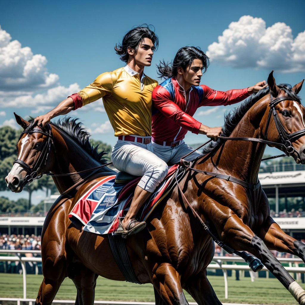 One man that is a muscular, attractive, black hair with somewhat tan skin, brown eyes, sharp jawline, thick eyebrows, racing silks outfit with bright and colorful colors inspired by polo men. Horse race track in the background With people riding horses.