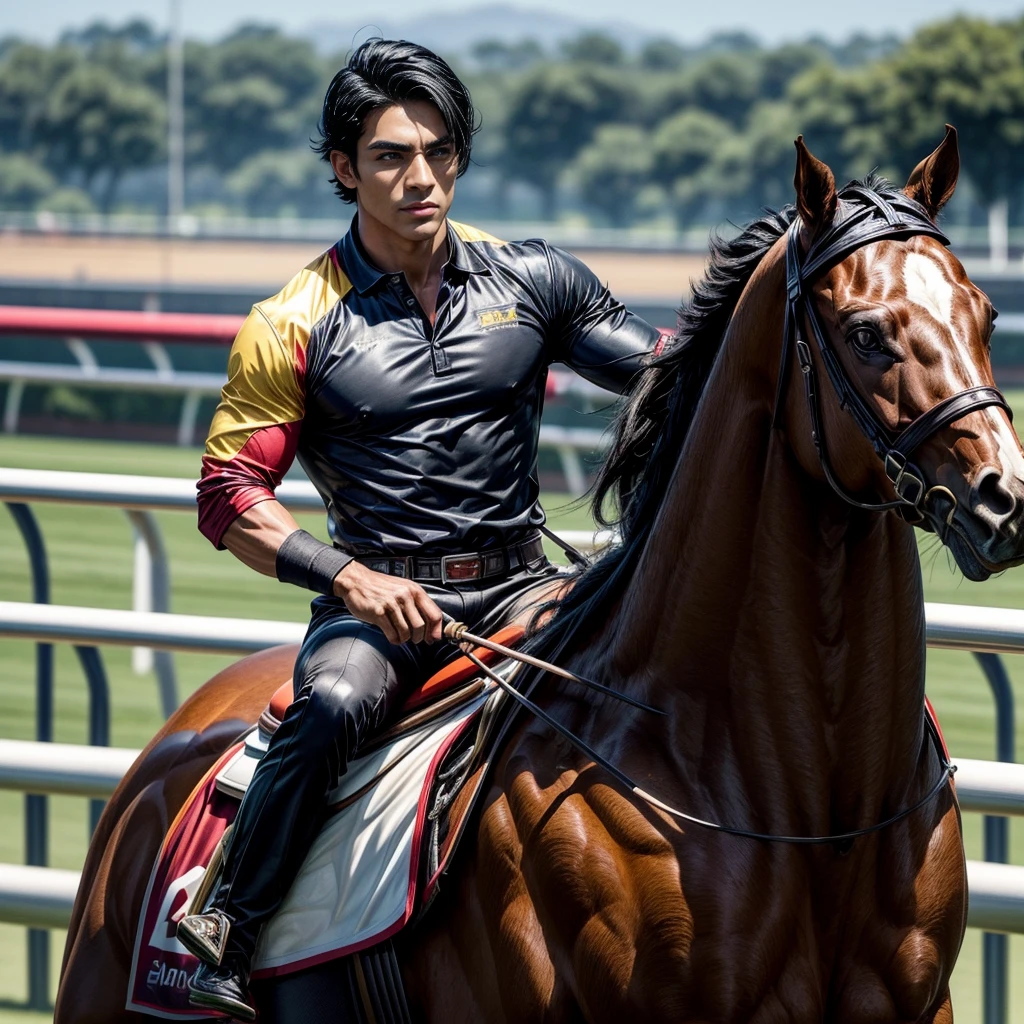 Create a muscular, attractive, black hair with somewhat dark skin, a racing silks outfit with bright and colorful colors inspired by polo men. Black horse in the background
