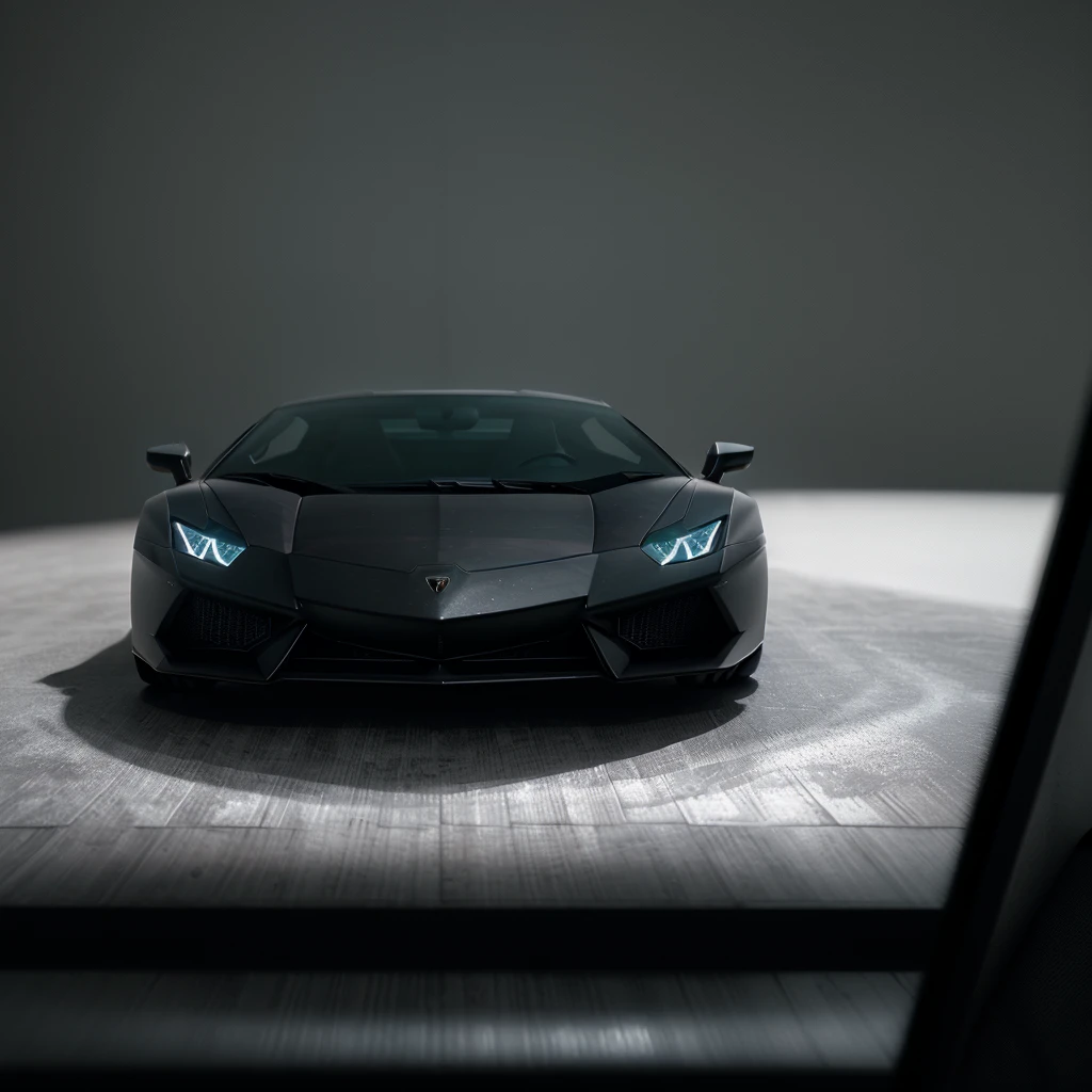 black matte lamborghini, seamless white studio, 8k, highly detailed, photorealistic, cinematic lighting, shallow depth of field, dramatic shadows, glossy paint, intricate reflections, sleek metallic design