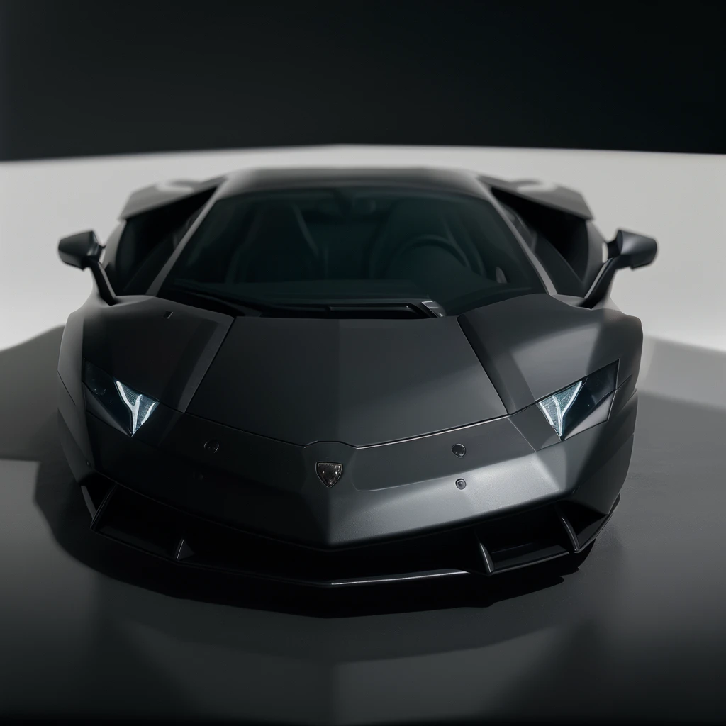 black matte lamborghini, seamless white studio, 8k, highly detailed, photorealistic, cinematic lighting, shallow depth of field, dramatic shadows, glossy paint, intricate reflections, sleek metallic design