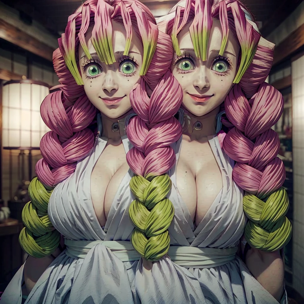 (masterpiece, best quality), anime, 1girl, MitsuriKanroji, stunning, smile, chest, close-up, wedding dress, dynamic, slightly muscular.