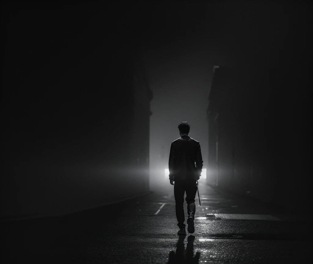 1 man walking away, back turned to people, leaving, abandoned, solitary figure, somber mood, moody lighting, desaturated colors, cinematic composition, dramatic atmosphere, emotional narrative, minimalist background, monochrome palette, strong shadows, detailed clothing folds, blurred surroundings, focused subject, impactful portrayal