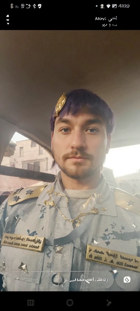 Sully, a picture of two medieval city, they have long violet hair and violet eyes, and one of them has no beard and the other has a violet beard. Make them wear armor and a golden jewel on their chest.
