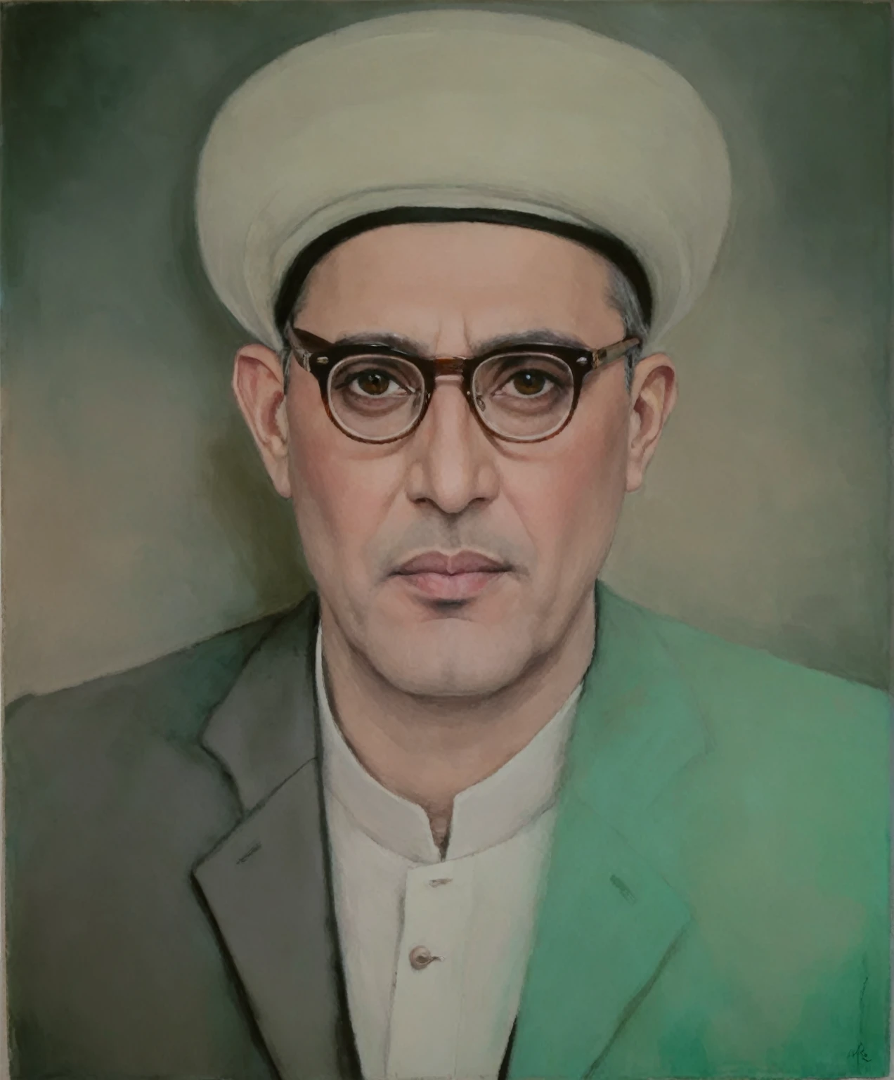 painting of a man in a hat and glasses wearing a suit, inspired by Abdur Rahman Chughtai, traditional portrait, oil on canvas, mohamed chahin, ahmad merheb, hicham habchi, mahmud barzanji, painting of a man, inspired by Ahmed Karahisari, inspired by Ahmed Yacoubi, by Abdullah Gërguri