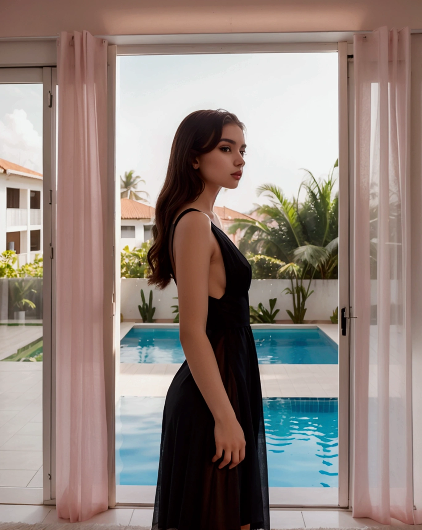 A beautiful young Brazilian woman, with the (extremely pale skin:1).wearing a black dress. standing, in a large room, with a bed with pink sheets, window overlooking the pool, Full body photo, 4k, high quality,
