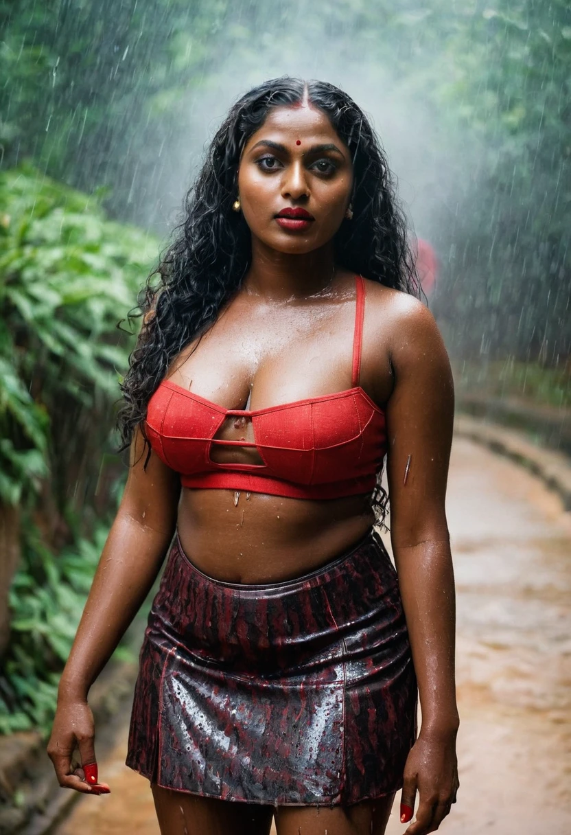 (((photo of a ancient kerala hindu alien goddess ))), (((black kali))) , legs wide open, sat atgarden, (((Half Body))), (((very dark skin))), (((age 18+))), (((((very dark nipple and areola))))) (((plus size chubby tall))), (((huge busty milky wet big massive boobs))), (((nude thick thigh))), (((ancient black mini skirt))), ((black skin dark body)), (((red ornaments))), (((depth of field))), ((( flame bokeh))), (((rain))), ((( flashing light leaks))), (((divine))), photorealistic,photo, realism, Getty Images, RAW candid cinema, 16mm, colour graded portra 400 film, remarkable colour, ultra realistic, textured skin, remarkable detailed pupils, realistic dull skin noise, visible skin detail, skin fuzz, dry skin, shot with cinematic,light leaks, RAW Image, DOF, depth of field,bokeh