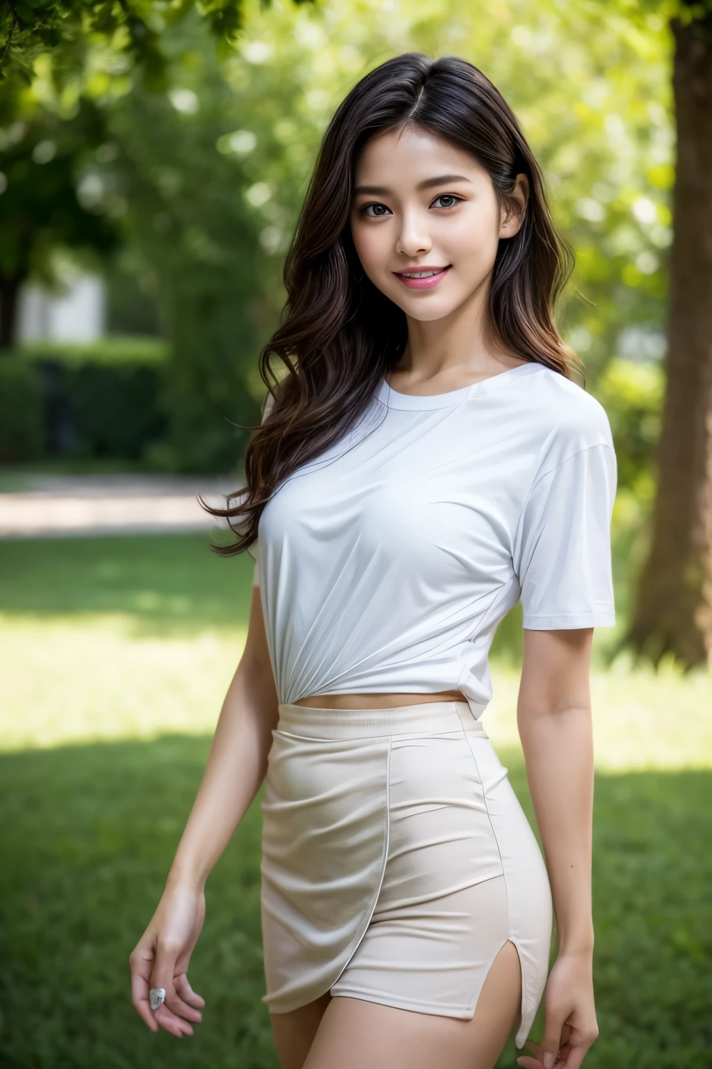 the Extremely Detailed CG Unity 8K Wallpapers、top-quality、ultra-detailliert、masterpiece、realisitic、Photo Real、extremely detailed cute girl、25-years old、(skirt rift)、(skirt lift by yourself))、Different color panties for each image、panties focus、red blush、cparted lips、looking at the viewers、Half body shot、Beautiful woman wearing fashionable and classy clothes、beautiful spring scenery) Different hair lengths and waves for each image,Sweet smile