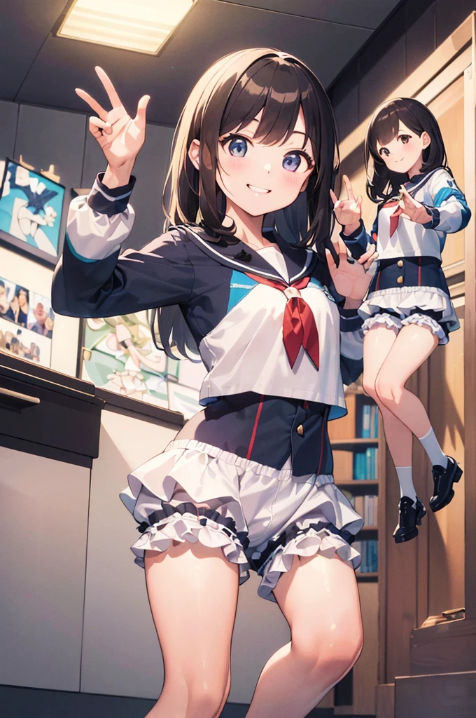 Multiple Girls, (masterpiece:1.8),(Highest quality:1.8),(Very detailed:1.8),(8k:1.8),(Ultra-fine Illustration:1.3),Random Hairstyles,Flat Chest,Long sleeve sailor suit,Butt,(Frills,Bloomers:1.4),(Pose with a smile:1.5),running,(Full body angle),, Gymnastics