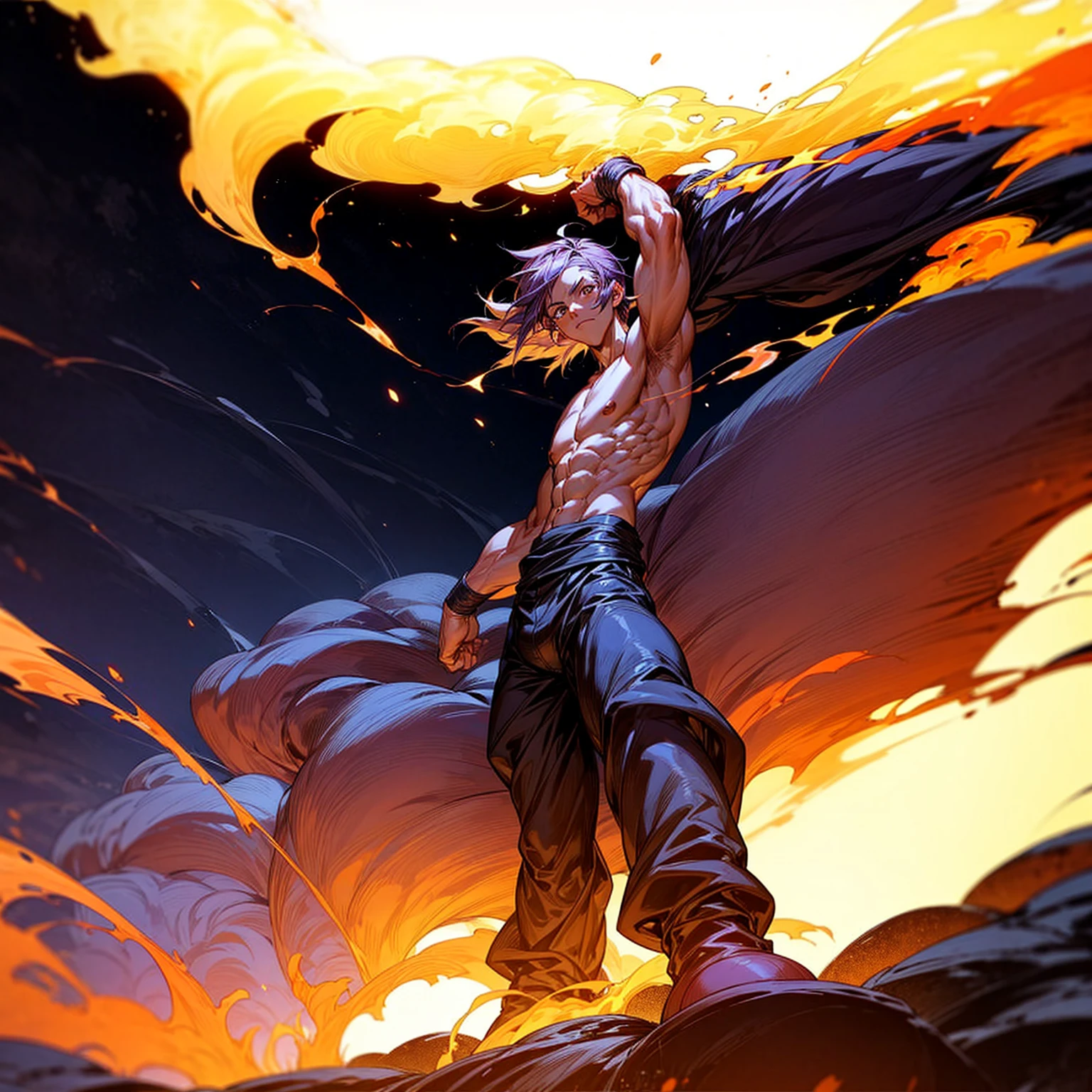 1character, full body version, character is man version, hazel eyes, dark purple colour hair, Shaggy hairstyle, (muscle, topless), clothing style is punk, boots, Grassroots, full background in fire city, motion blur, big flame in hand, standing gesture, (one piece style art), lighting big flame in hands, smoke, smoke effect, aura effect, lightning flash, silhouette, big Fire in hands, fire city 