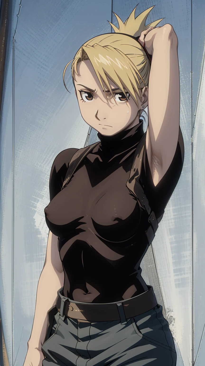 masterpiece, Highest quality, High resolution, One girl, Himliza, ponytail, Brown eyes,,Upper body close-up、big 、Nipples、Embarrassed face、Browsing Caution、Sweat、mud、Chest of torn clothes, Black Shirt, Tight shirt, holster, Short sleeve, belt, Covered navel, Blue pants,Outdoor, Remains、(Raise your arms、Armpits are fully visible)