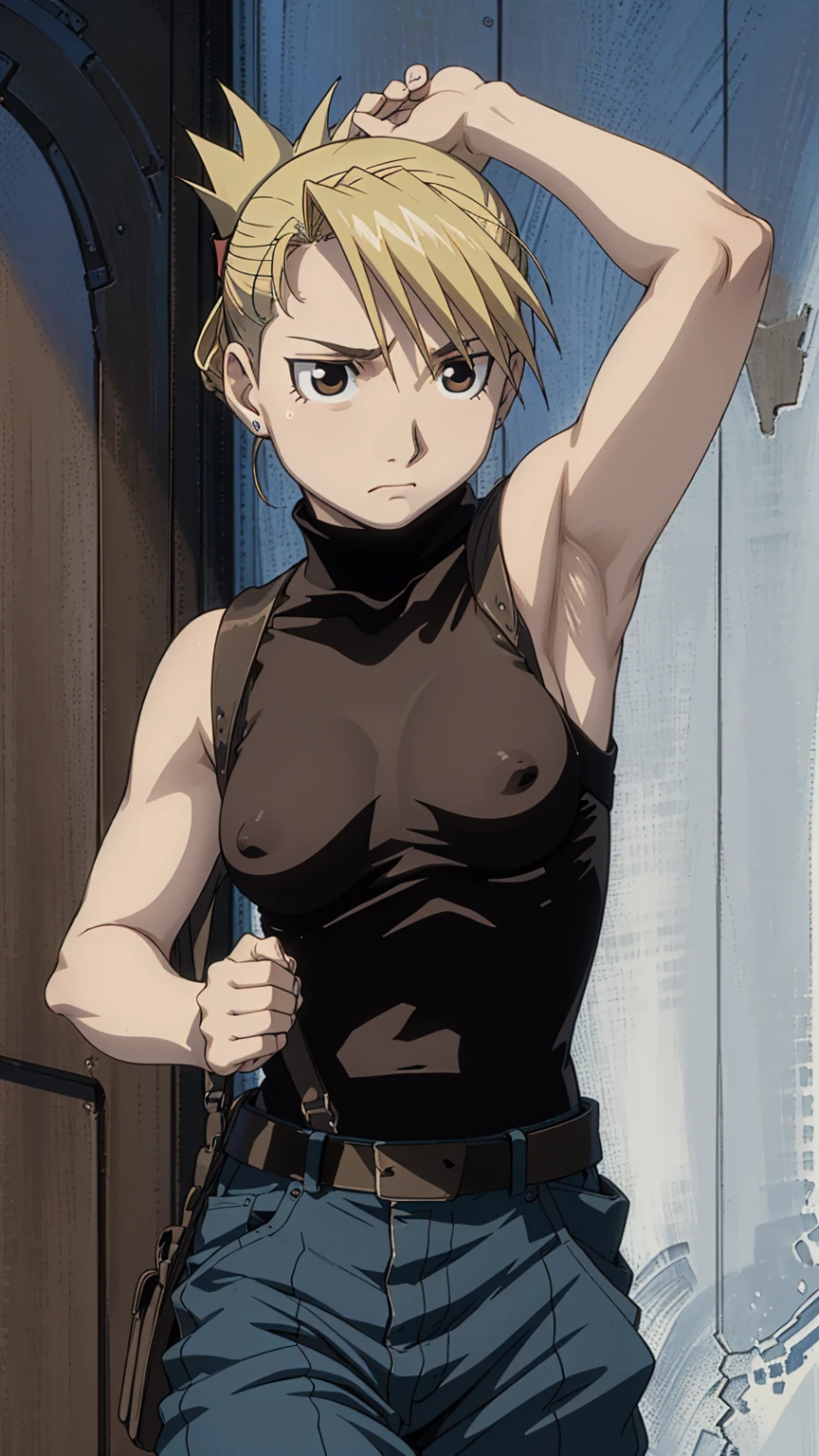 masterpiece, Highest quality, High resolution, One girl, Himliza, ponytail, Brown eyes,,Upper body close-up、big 、Nipples、Embarrassed face、Browsing Caution、Sweat、mud、Chest of torn clothes, Black Shirt, Tight shirt, holster, Short sleeve, belt, Covered navel, Blue pants,Outdoor, Remains、(Raise your arms、Armpits are fully visible)