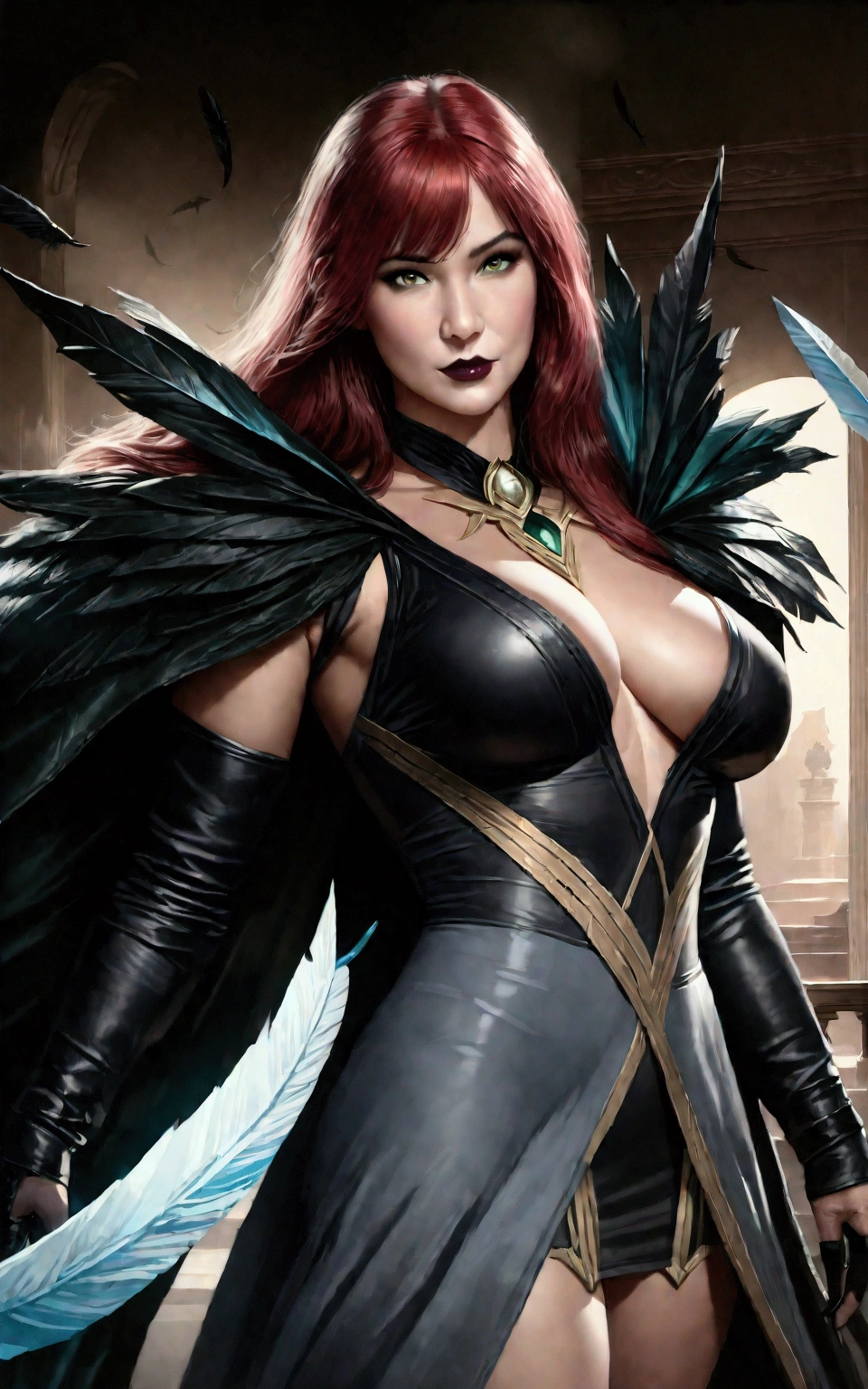 A witch woman (angelina jolie as evil-lyn matesr of the universe) with a powerful presenc, short body suit,((camel toe)), her body adorned with a unique blend of abstract and realistic designs, digital art, by artgerm, hyperdetailed, hi top fade, dark fantasy, central pose, facing camera, perfect body, perfect hands, perfect eyes, cowboy stand position, magick stick, evil eyes, head covered by helmet full of spikes