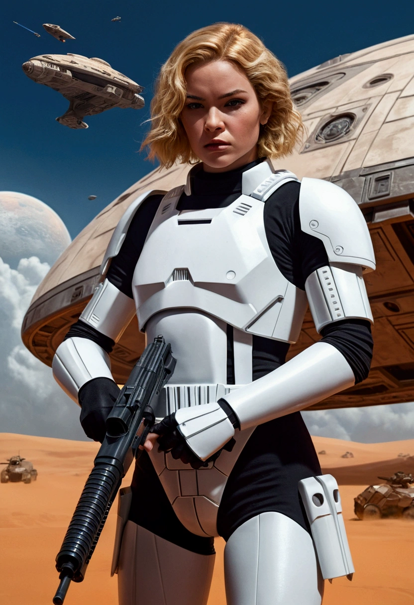 there is a woman holding a gun in front of a spaceship, hyperrealistic fantasy art, eternal disgrace, female storm trooper, planet sky in the background, inspired by Jan Victors, Em primeiro plano, boy with shotgun, Orianna, gray orange, dune (2021) --ar 16:9 --v 5.1