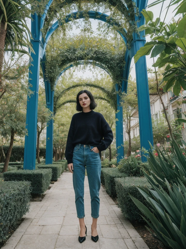 her name is Amelie, high quality, 1girl, ((25-year-old fit Caucasian woman)), ((25 years old)), ((SLIM)), ((Micro Bob dark hair)), pose: standing, wearing Popular Generation-Z modern wear elegant colored, BACKGROUND: "In the Jardin Majorelle, surrounded by vibrant blue buildings and lush exotic plants."