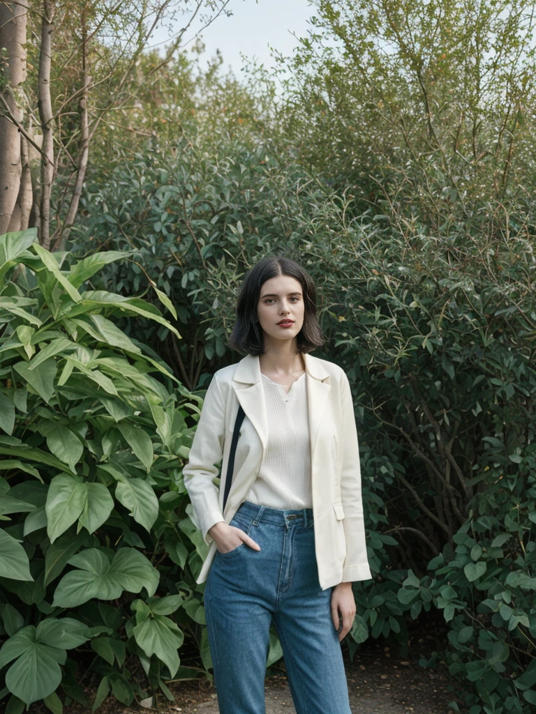 her name is Amelie, high quality, 1girl, ((25-year-old fit Caucasian woman)), ((25 years old)), ((SLIM)), ((Micro Bob dark hair)), pose: standing, wearing Popular Generation-Z modern wear elegant colored, BACKGROUND: "In the Jardin Majorelle, surrounded by vibrant blue buildings and lush exotic plants."