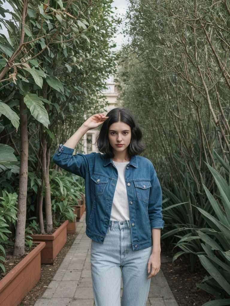 her name is Amelie, high quality, 1girl, ((25-year-old fit Caucasian woman)), ((25 years old)), ((SLIM)), ((Micro Bob dark hair)), pose: standing, wearing Popular Generation-Z modern wear elegant colored, BACKGROUND: "In the Jardin Majorelle, surrounded by vibrant blue buildings and lush exotic plants."