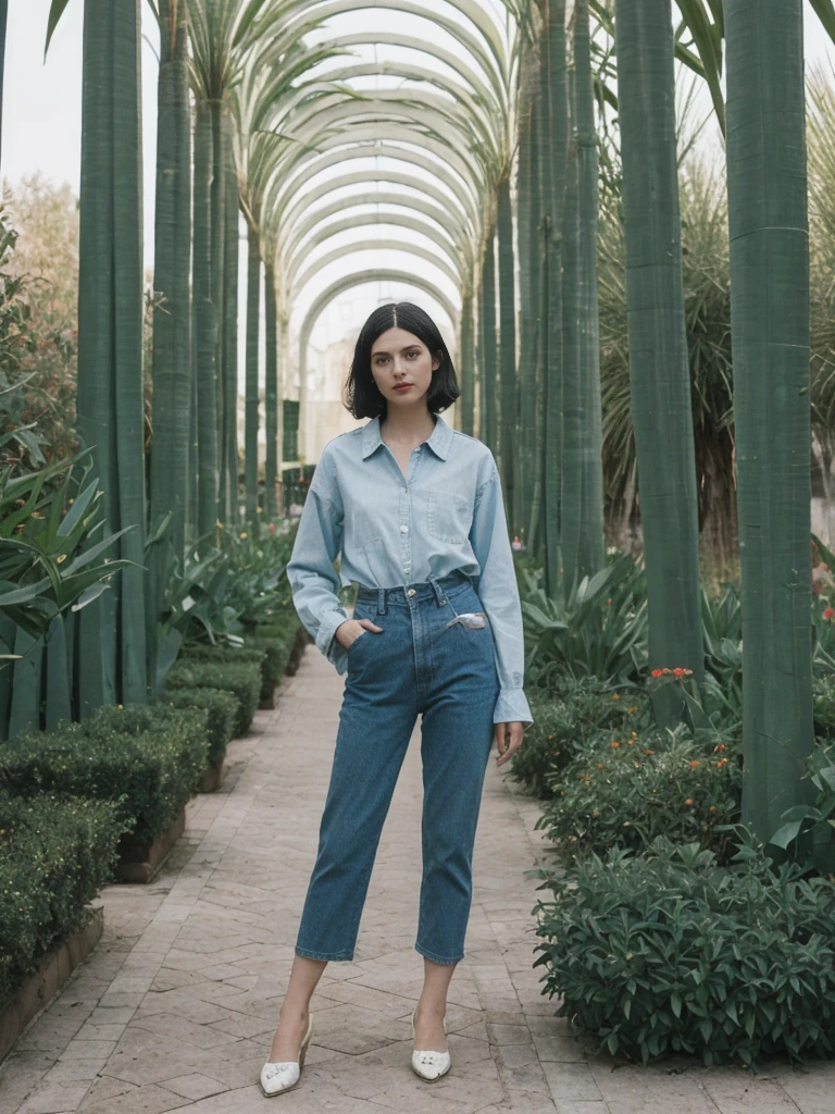 her name is Amelie, high quality, 1girl, ((25-year-old fit Caucasian woman)), ((25 years old)), ((SLIM)), ((Micro Bob dark hair)), pose: standing, wearing Popular Generation-Z modern wear elegant colored, BACKGROUND: "In the Jardin Majorelle, surrounded by vibrant blue buildings and lush exotic plants."