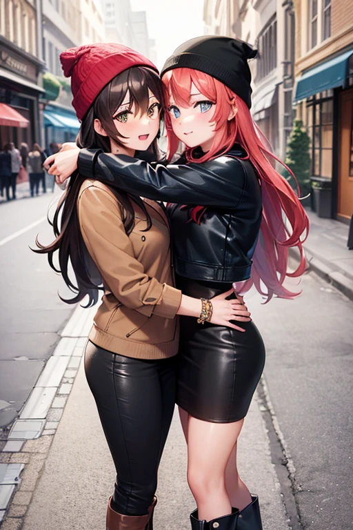 ((masterpiece, best quality, ultra-detailed)), 2girl, two beautiful women hugging each other, blushing, leather jacket, short sleeve shirt, scarf, beanie, bracelet, black midi pencil skirt, long black pencil skirt, leather boots, full body, long hair, wavy hair, city, night, alleyway, wall