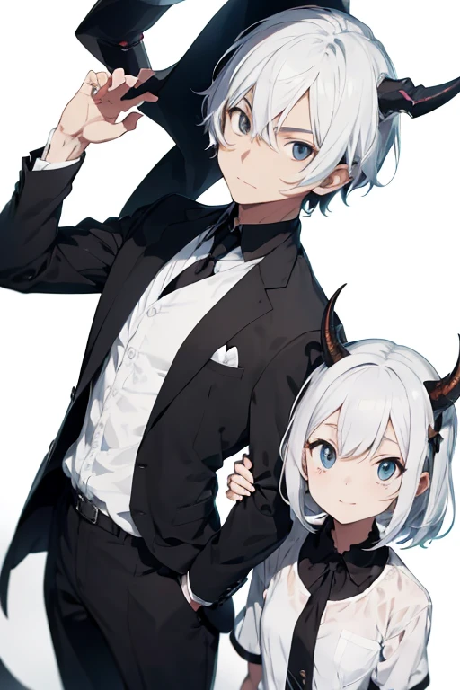anime cool boy with white hair"black suit and divil horn male

