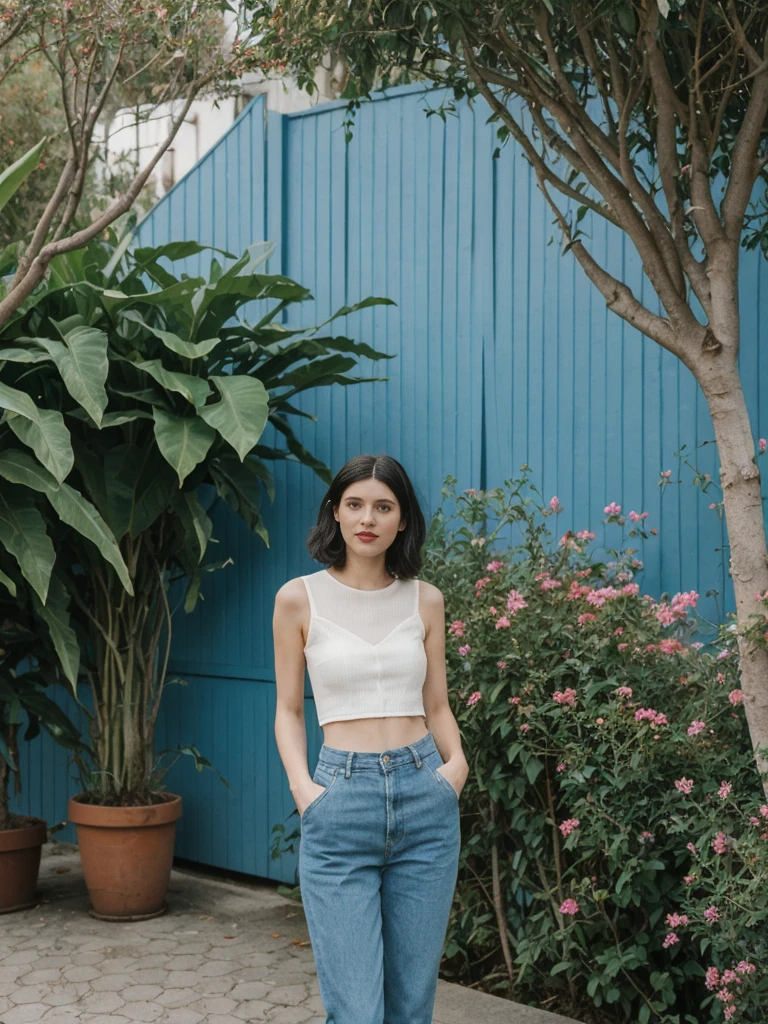 her name is Amelie, high quality, 1girl, ((25-year-old fit Caucasian woman)), ((25 years old)), ((SLIM)), ((Micro Bob dark hair)), pose: standing, wearing Popular Generation-Z modern wear elegant colored, BACKGROUND: "In the Jardin Majorelle, surrounded by vibrant blue buildings and lush exotic plants."