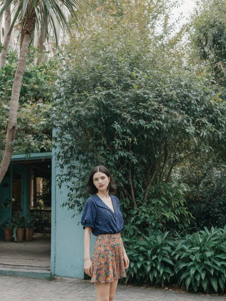 her name is Amelie, high quality, 1girl, ((25-year-old fit Caucasian woman)), ((25 years old)), ((SLIM)), ((Micro Bob dark hair)), pose: standing, wearing Popular Generation-Z modern wear elegant colored, BACKGROUND: "In the Jardin Majorelle, surrounded by vibrant blue buildings and lush exotic plants."