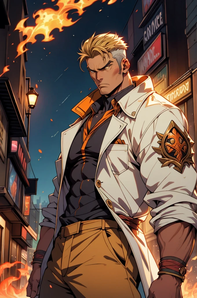 A man with short golden hair, middle-parted bangs, a hexagonal metal forehead protector, round glaring eyes filled with anger, a furious expression, chiseled facial features, a muscular build, an orange fantasy martial arts-style coat with flame-shaped decorations on the collar, a luxurious red and white undershirt, matching trousers, the backdrop of a fantasy-style city street, this character embodies a finely crafted fantasy martial arts-style warrior in anime style, exquisite and mature manga art style, dramatic, high definition, best quality, highres, ultra-detailed, ultra-fine painting, extremely delicate, professional, perfect body proportions, golden ratio, anatomically correct, symmetrical face, extremely detailed eyes and face, high quality eyes, creativity, RAW photo, UHD, 32k, Natural light, cinematic lighting, masterpiece-anatomy-perfect, masterpiece:1.5