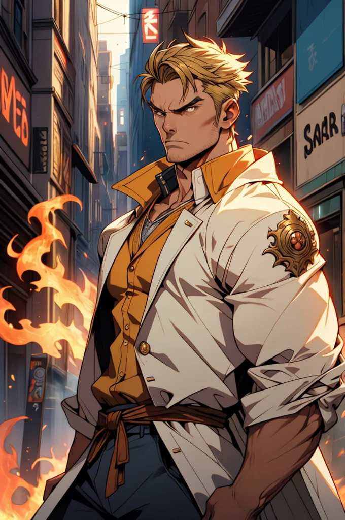 A man with short golden hair, middle-parted bangs, a hexagonal metal forehead protector, round glaring eyes filled with anger, a furious expression, chiseled facial features, a muscular build, an orange fantasy martial arts-style coat with flame-shaped decorations on the collar, a luxurious red and white undershirt, matching trousers, the backdrop of a fantasy-style city street, this character embodies a finely crafted fantasy martial arts-style warrior in anime style, exquisite and mature manga art style, dramatic, high definition, best quality, highres, ultra-detailed, ultra-fine painting, extremely delicate, professional, perfect body proportions, golden ratio, anatomically correct, symmetrical face, extremely detailed eyes and face, high quality eyes, creativity, RAW photo, UHD, 32k, Natural light, cinematic lighting, masterpiece-anatomy-perfect, masterpiece:1.5