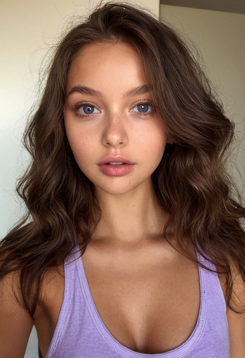 arafed, femme, sans vetement, fille sexy aux yeux marrons, grand , portrait sophie mudd, cheveux bruns et grands yeux, selfie d'une jeune femme, yeux de la chambre, violette myers, sans maquillage, maquillage naturel, regarder directement la caméra, ferme ta bouche, a l'air séduisant, visage avec artgram, maquillage subtil, superbe photo de tout le corps, dans la chambre, clivage, corps en entier