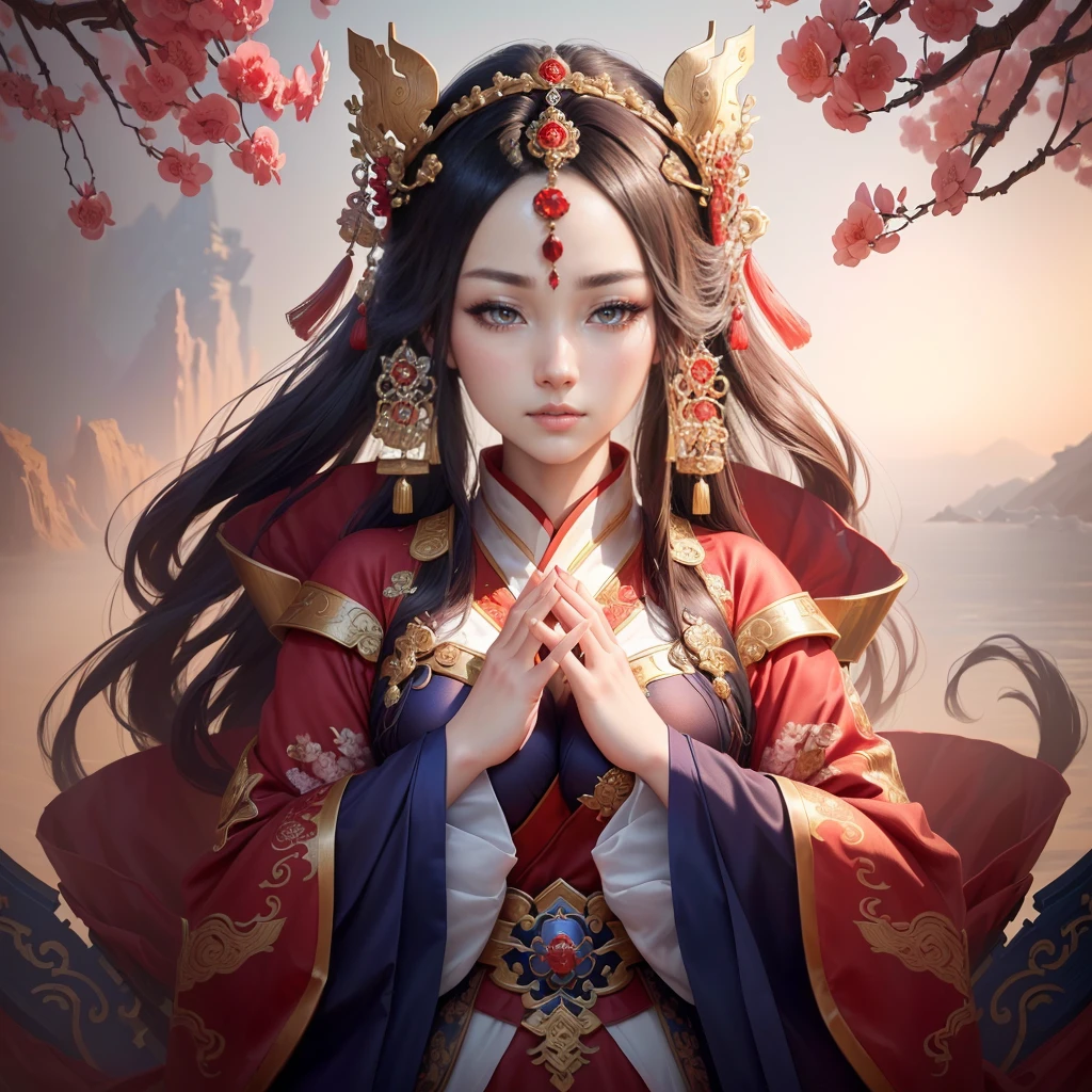 a painting of a woman in a red and blue dress, a beautiful fantasy empress, inspired by Lan Ying, chinese empress, queen of the sea mu yanling, ((a beautiful fantasy empress)), inspired by Ju Lian, ancient chinese princess, inspired by Li Mei-shu, ancient chinese goddess, inspired by Qiu Ying, inspired by Sim Sa-jeong, Highly detailed CG unit 8k wallpaper, masterpiece, High resolution, highest quality, highest quality real texture skin, Super Real, Digital Painting, Best image quality, 最High resolution, 8k, ((Highly detailed eyes and face, Beautiful eyes every detail)), Clasping hands, pray, in trouble, sad,