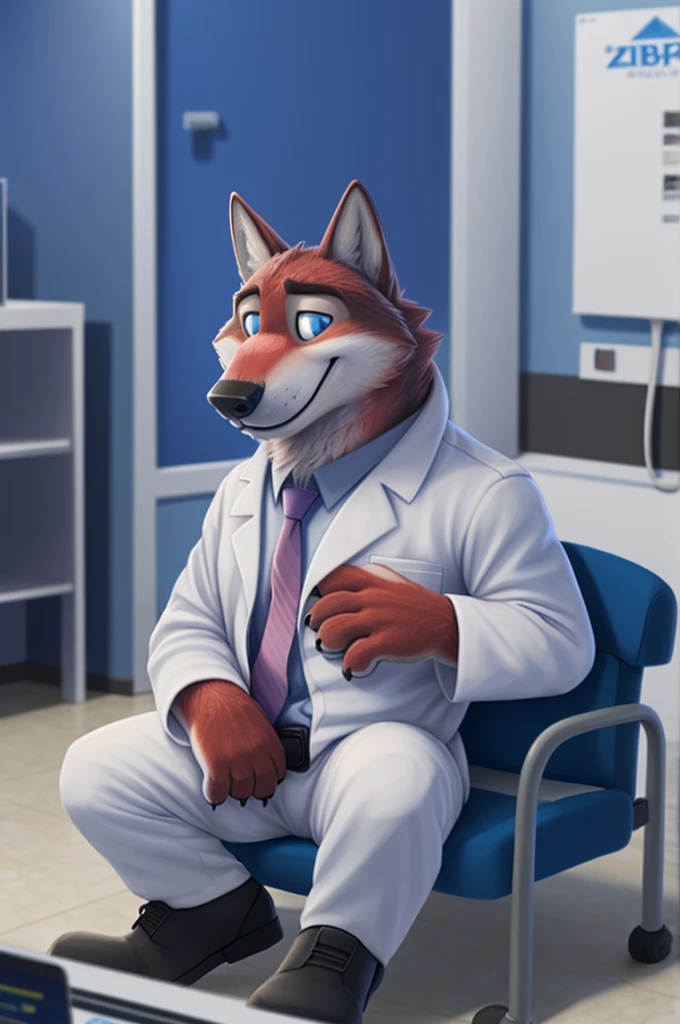 Joachim Wolfbach (Zootopia),tall handsome, wolf,young, 24 years, brown fur,(red body:1.3),Blue eyes, Moscow Dressed, red headdress,in a white medical gown,shirt pants,shoes,tie,black pantsblue, stethoscope, pediatrician,canine, wolf, detailed fur, Male, antro, paw pads, finger claws,Prays, at viewer, 5 fingers, paws, 5 fingers, smile, happy, resting, wrist watch,stethoscope,looks at the monitors, т nextel, sitting at home in the medical intensive care unit,by xenoforge, (difficult, high detail, digital, photo, soft focus, RAW, pilot by training,ulba,tender, very kind, sincere, advises, patient, детский pediatrician,holding a wolf cub,
photorealism, realistic, photorealistic, analog style, subsurface scattering,
masterpiece, Best quality, ultra realistic, 8 K)